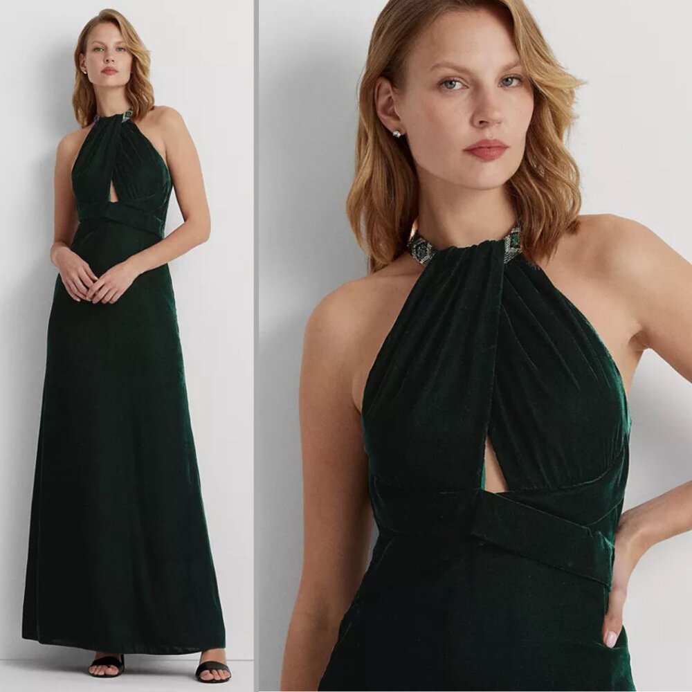 Lauren Ralph Lauren Womens Size 6 Adelbola Green Velvet Beaded Halter Gown Dress